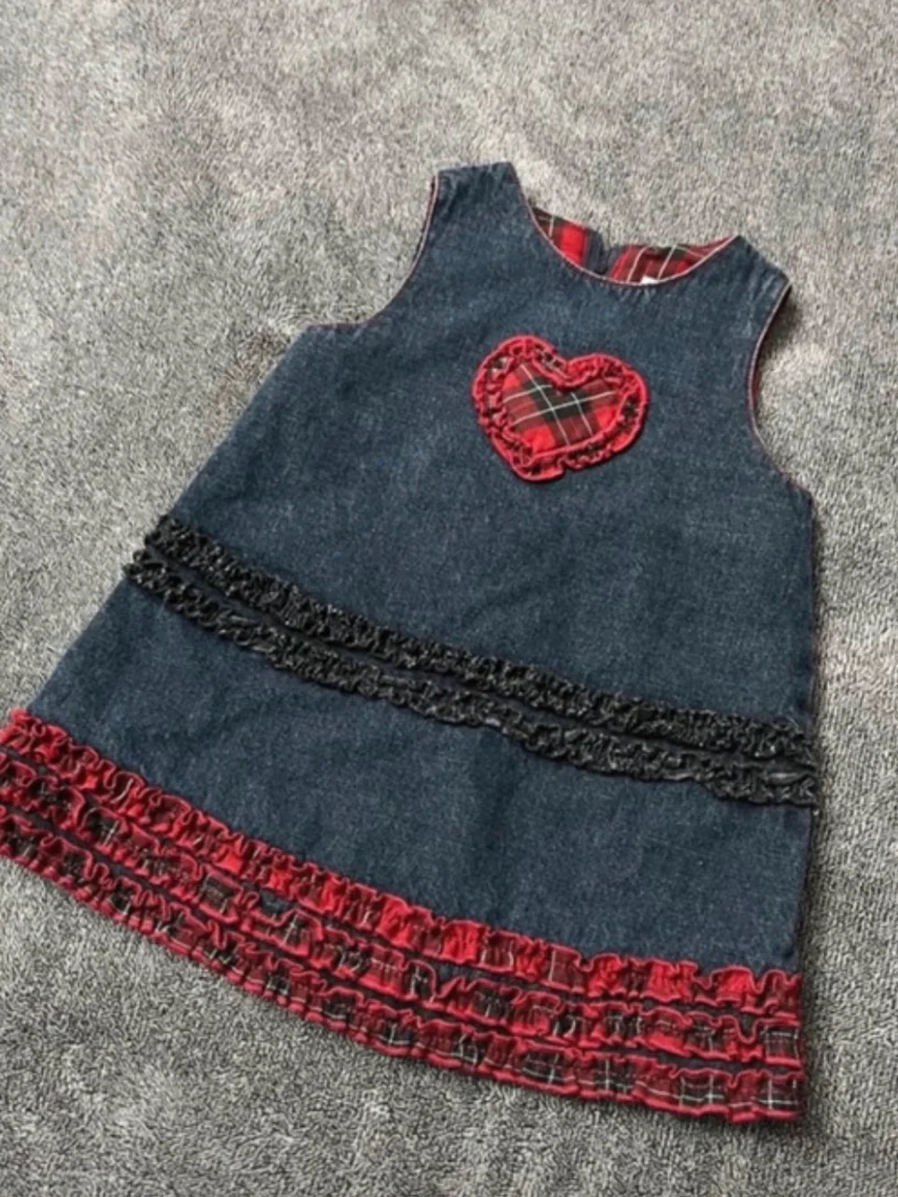 The Children's Place Denim Look Navy Dress with Red Plaid Trim